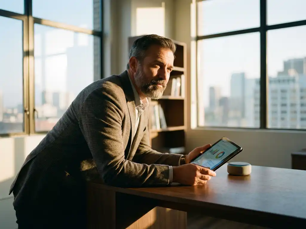 Business leader reviewing data analytics on tablet at modern office desk with AI assistant device and natural lighting.
