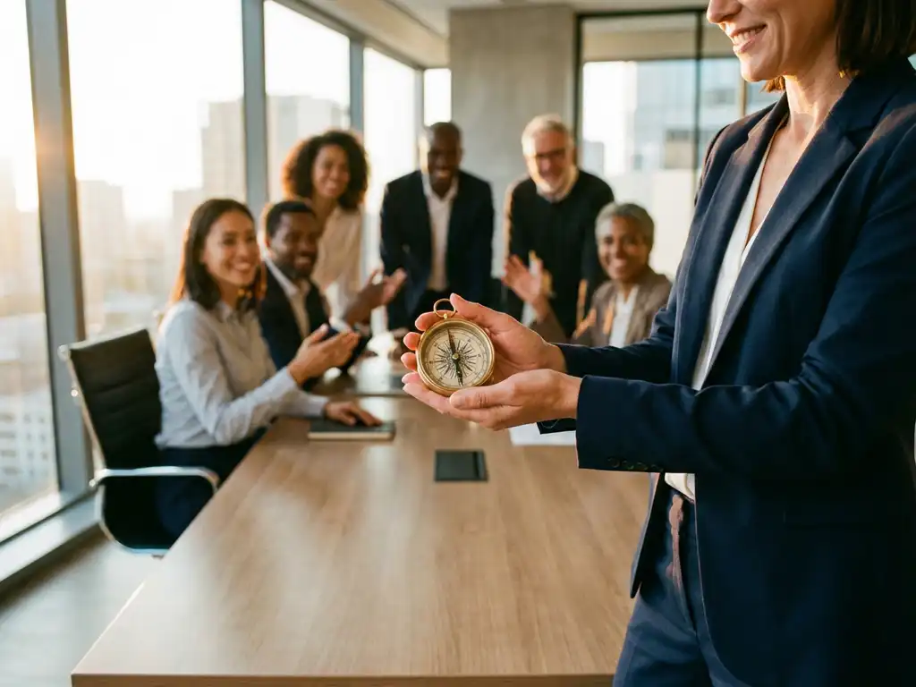 Professional businesswoman in navy suit holding compass pointing toward diverse team collaborating at conference table