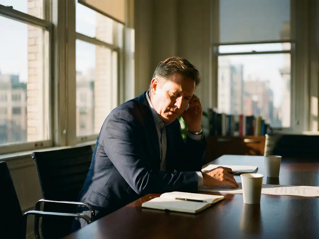 Business leader listening intently at conference table, hand cupped to ear, focused on off-camera speaker in bright office