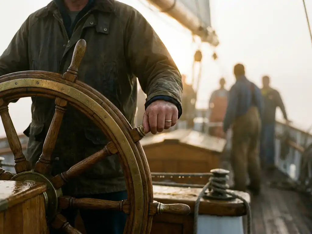 Business leader confidently steering ship's wheel through fog with crew in background, demonstrating leadership and determination.