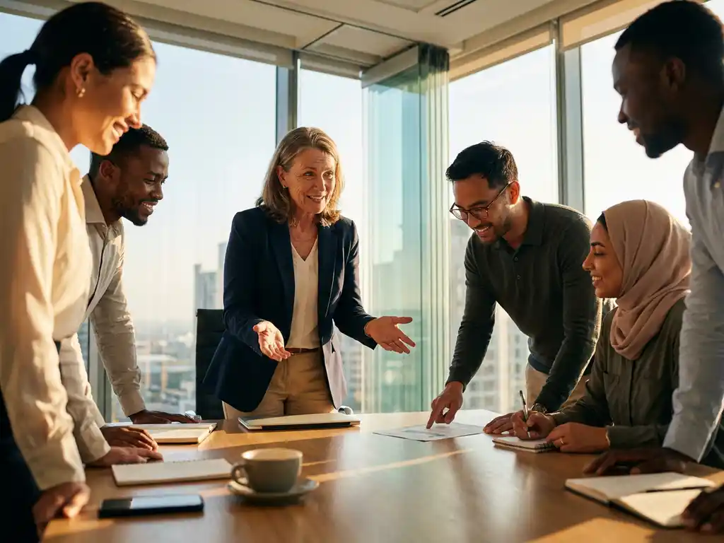 Business leader gesturing to diverse team around conference table in sunlit meeting room with engaged colleagues listening