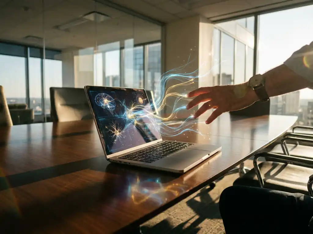 Human hand reaching toward laptop displaying neural network data visualizations on modern boardroom table with sunlight streaming through windows