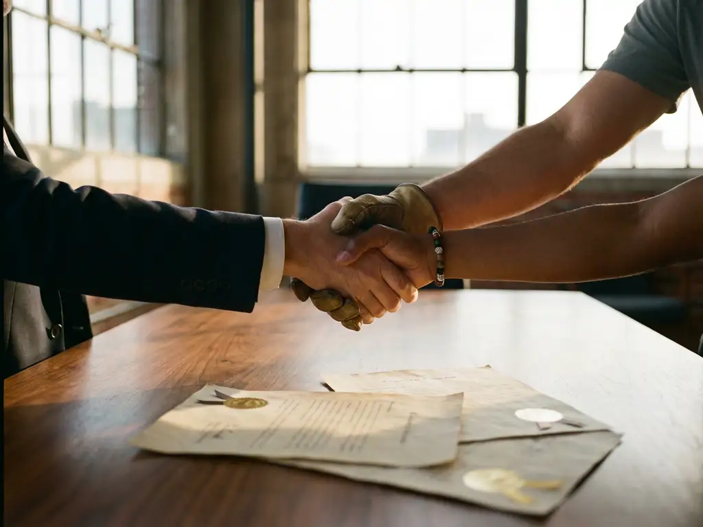 Three hands from different stakeholders joining in collaborative handshake over wooden conference table with contracts