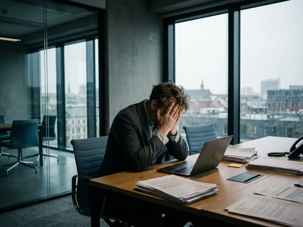 Exhausted business professional with head in hands at desk in modern office with laptop and scattered papers