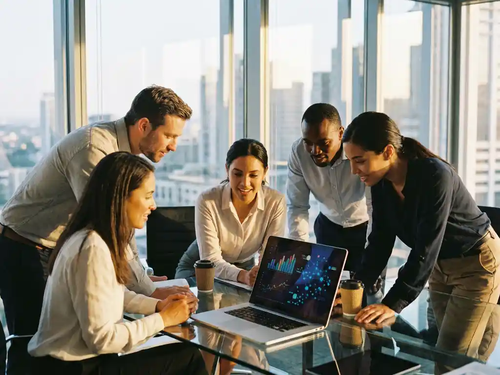 Business professionals analyzing colorful data visualizations and neural network patterns on laptop in modern boardroom