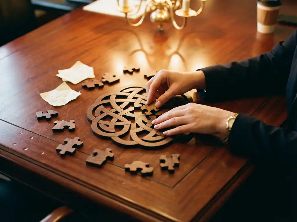 Executive hands completing wooden puzzle revealing tangled knot pattern on boardroom table with scattered pieces around edges
