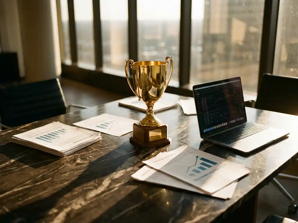 Golden trophy on marble conference table surrounded by financial charts and documents with laptop showing stock data