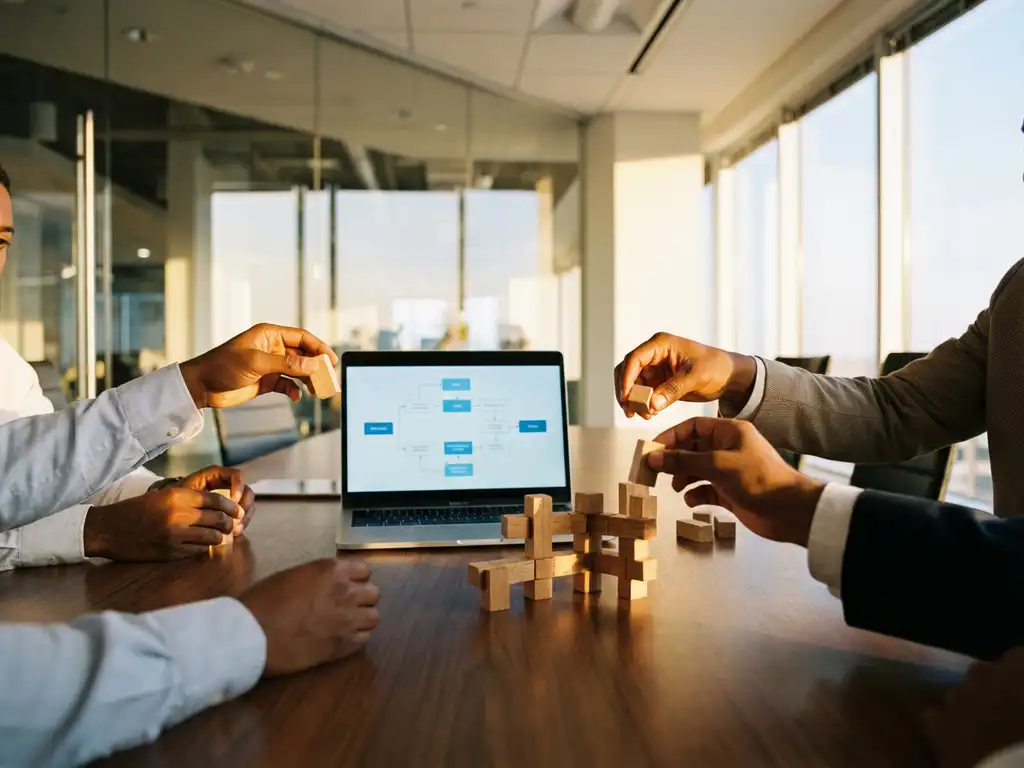 Business professionals collaborating around conference table with laptop showing digital framework and wooden building blocks in modern office