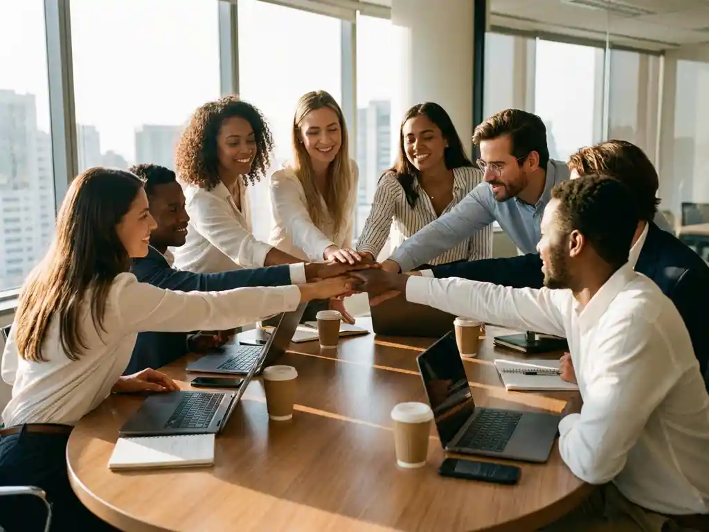 Diverse business professionals joining hands together around conference table in bright office meeting room