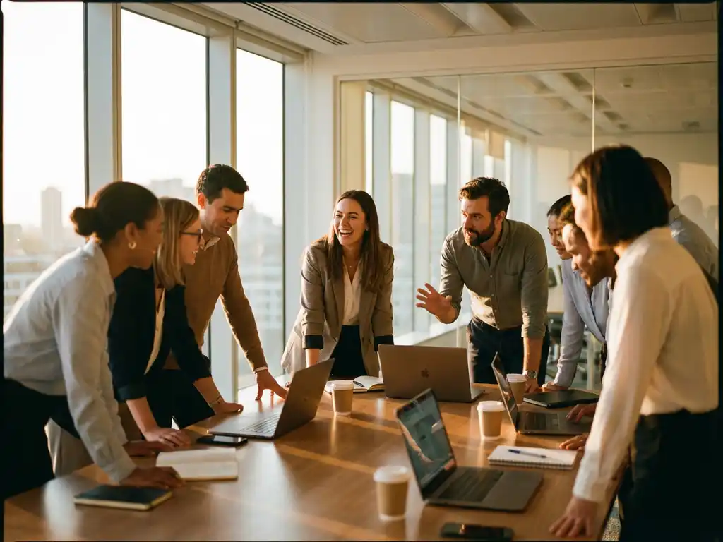 Diverse group of professionals collaborating around conference table with laptops in sunlit office meeting room.