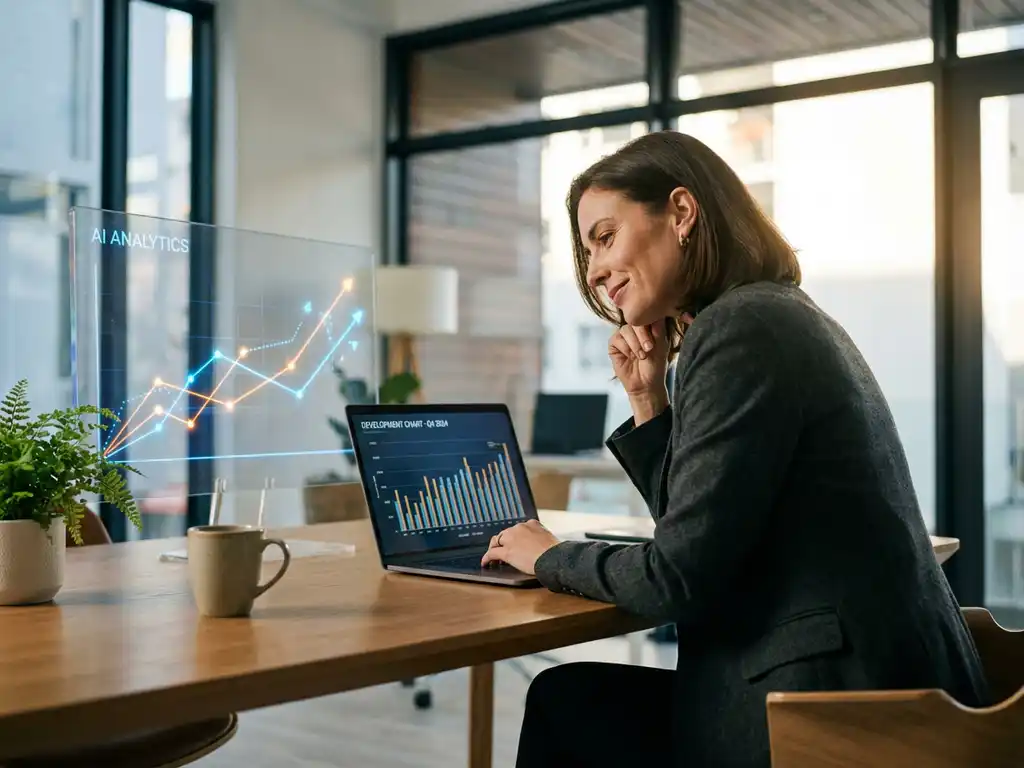 Professional businesswoman reviewing AI analytics and growth charts on laptop at modern office desk with natural lighting.