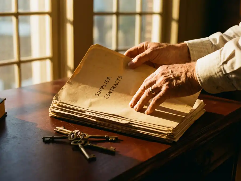 Businessman's hands examining supplier contracts and partnership documents on mahogany desk with golden keys nearby