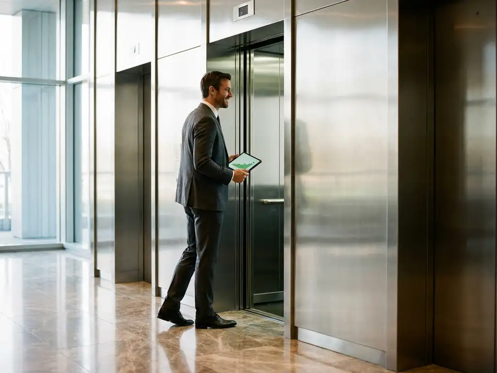 Businessman entering modern steel elevator in office lobby while holding tablet with upward trending business graphs