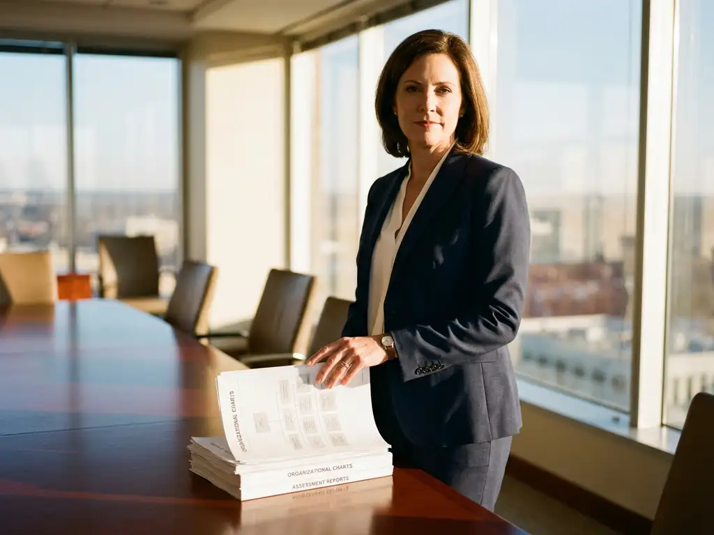 Professional businesswoman in navy suit standing confidently at boardroom table with organizational charts and documents.