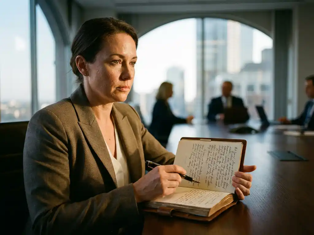 Professional businesswoman writing in leather journal at conference table with natural window lighting