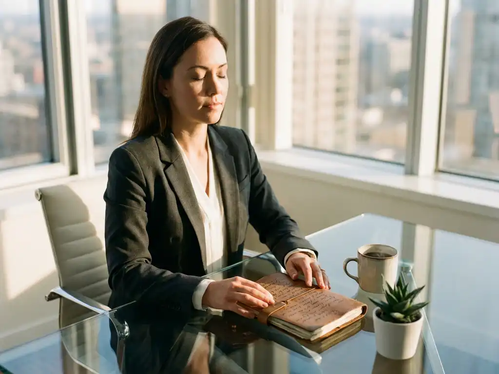 Professional businesswoman in suit writing in journal at glass desk with coffee and plant, natural window lighting.