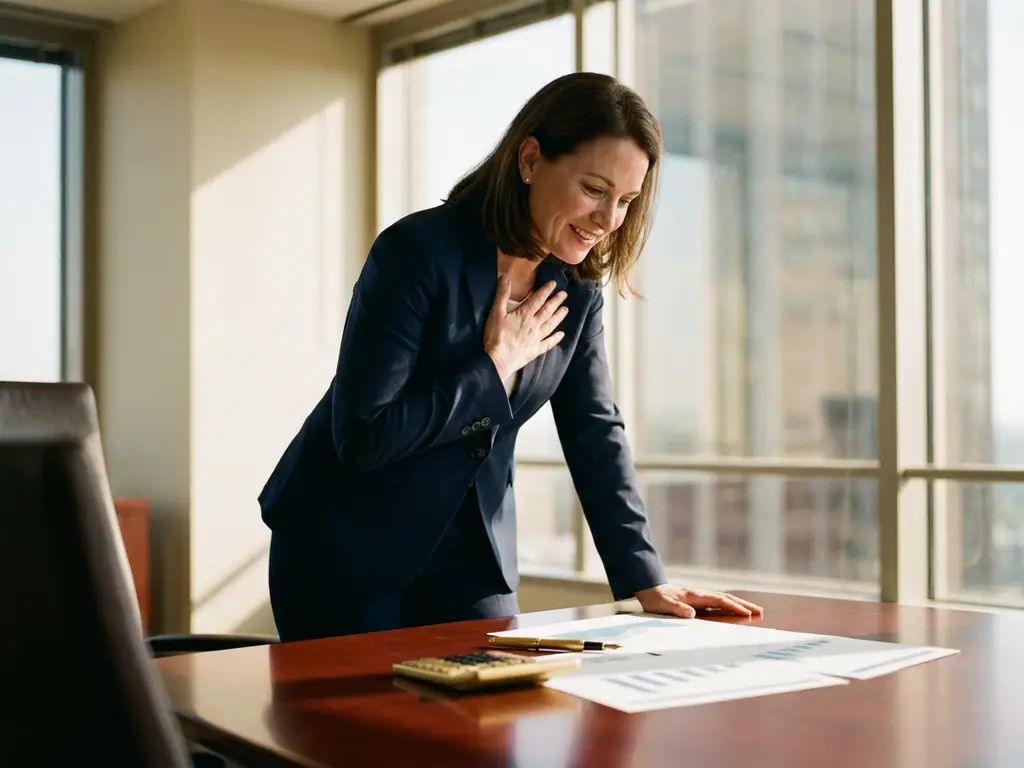Professional businesswoman in navy suit with hand over heart reviewing financial charts at conference table