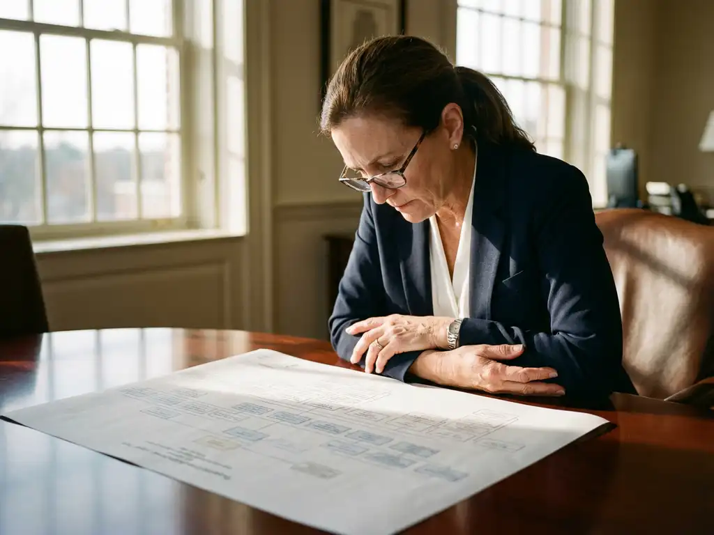 Professional businesswoman in navy suit reviewing organizational chart at conference table in sunlit office