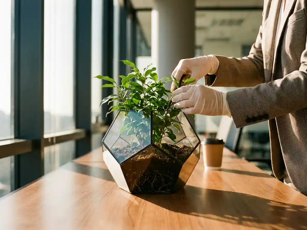 Businesswoman's hands nurturing green plant in glass terrarium on wooden desk with natural sunlight streaming through window