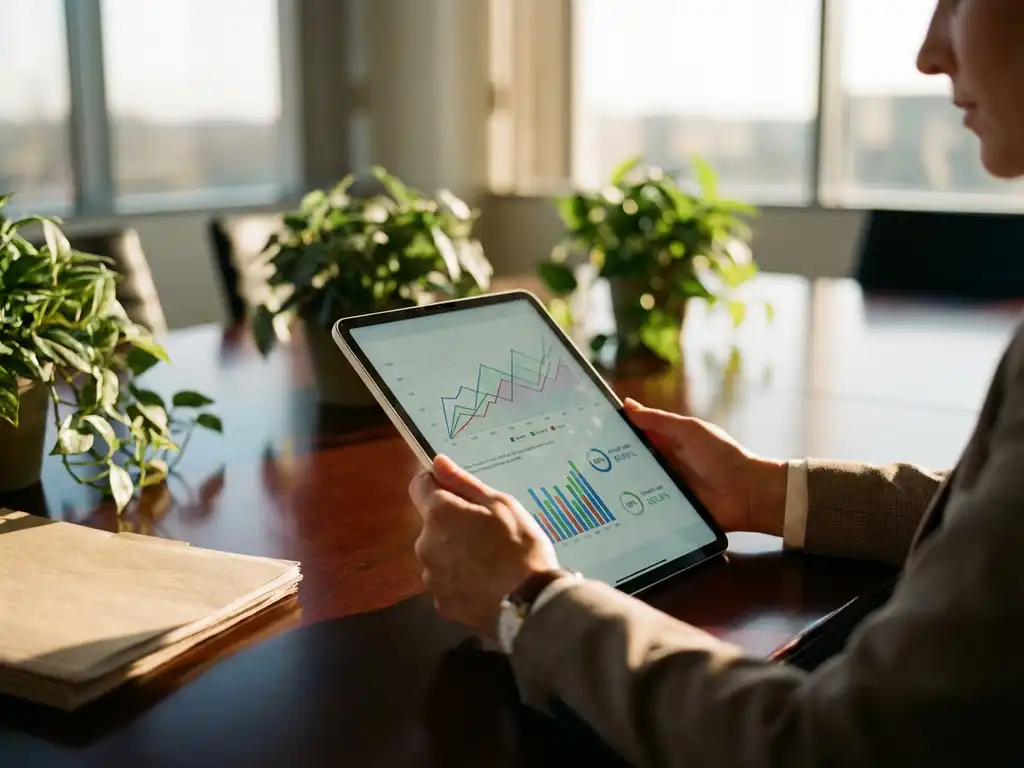 Businesswoman's hands holding tablet displaying colorful analytics charts and growth metrics on conference table