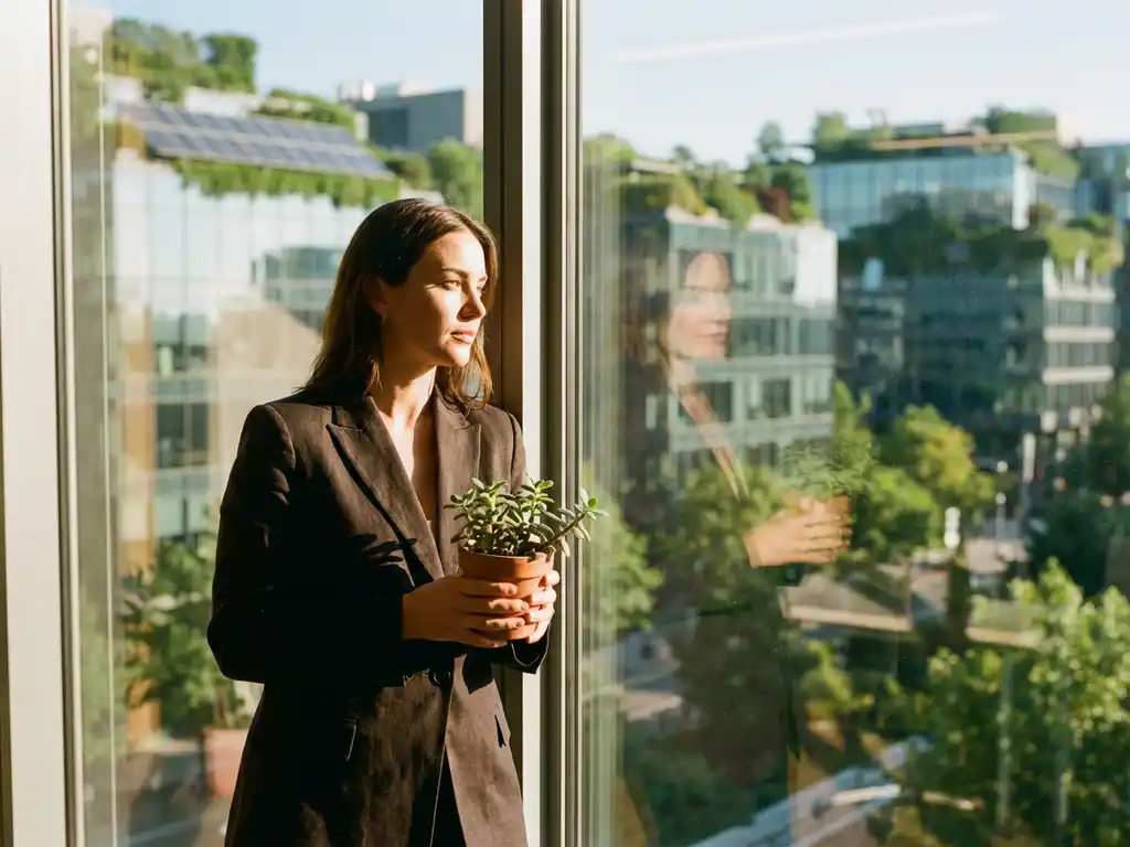 Professional businesswoman in blazer holding potted plant at window overlooking green cityscape with rooftop gardens