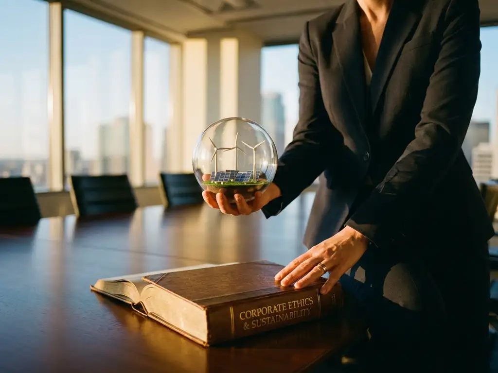 Professional businesswoman holding glass sphere with miniature wind turbines and solar panels, ethics manual on conference table