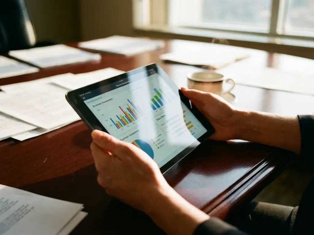 Businesswoman holding tablet displaying colorful assessment charts and metrics on conference table with reports and coffee