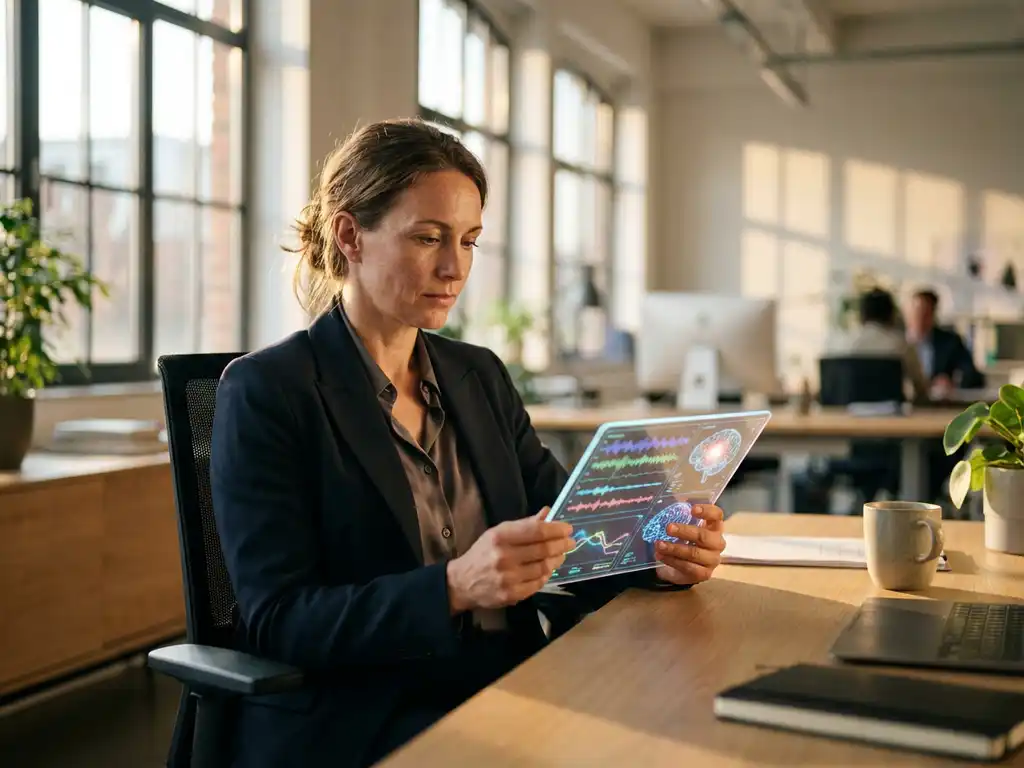 Professional businesswoman reviewing neural network data on tablet in modern office with natural lighting