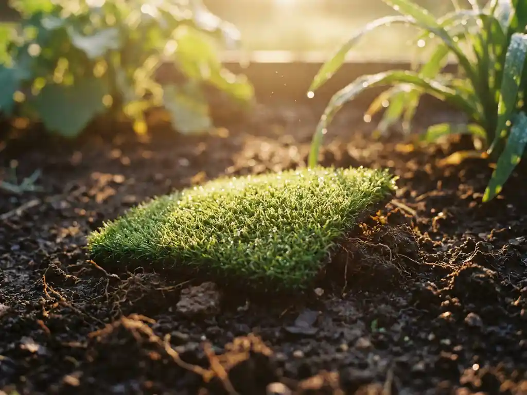 Green carpet tile emerging from dark soil with morning sunlight and dewdrops, symbolizing eco-friendly renewal and growth.