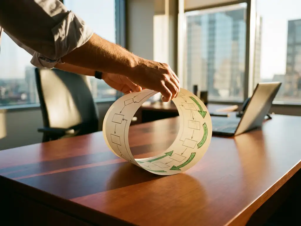 Businessman's hands reshaping linear business flowchart into circular diagram with green recycling arrows on modern office desk