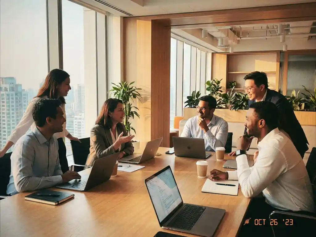 Diverse professionals collaborating around conference table in modern office with natural lighting and engaged discussion.