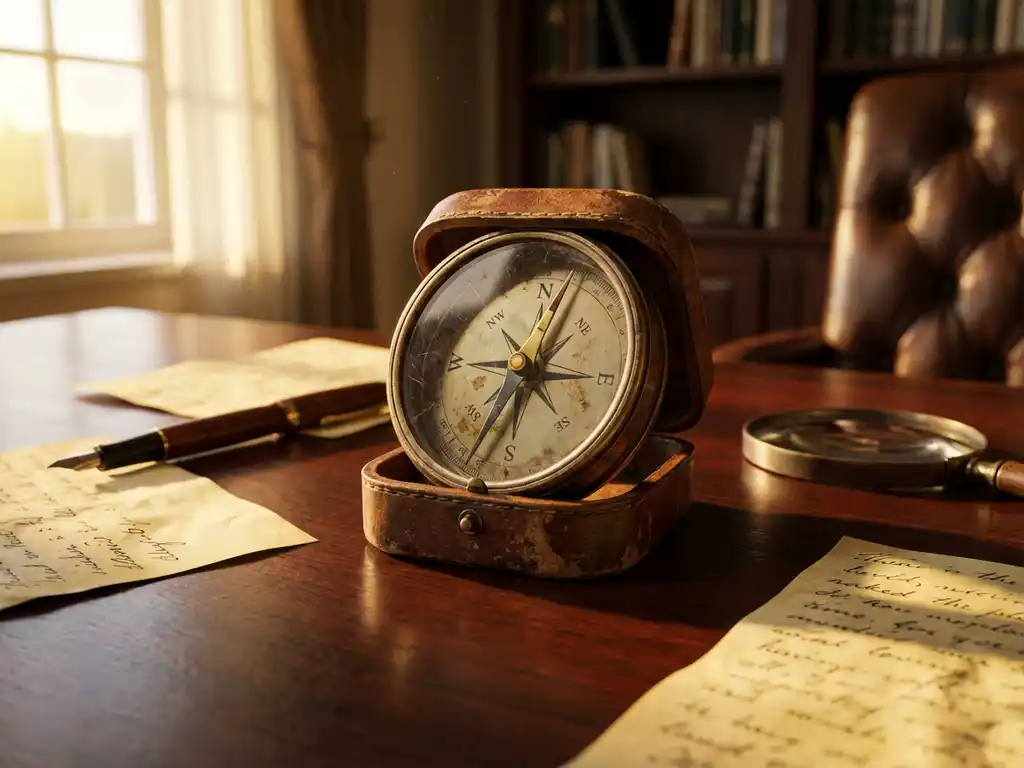 Weathered leather compass open on mahogany desk pointing north, surrounded by handwritten notes and fountain pen in sunlight