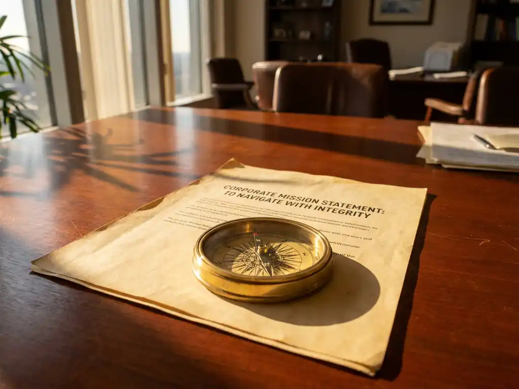 Golden compass pointing north on weathered corporate mission statement document on mahogany desk with sunlight streaming through windows.