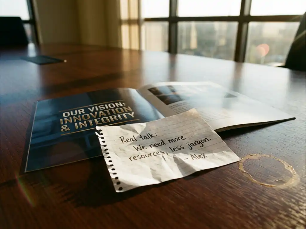 Handwritten employee feedback note placed on top of glossy corporate marketing brochure on wooden boardroom table