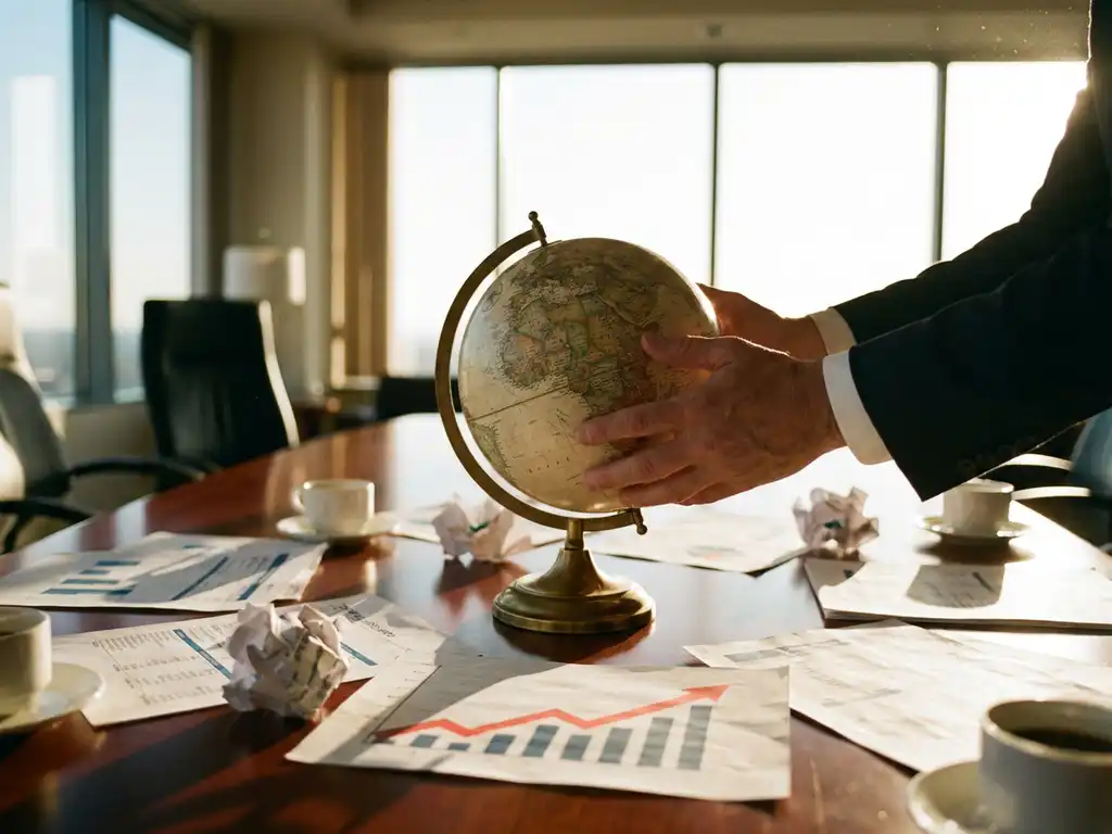 Businessman's hands reaching protectively toward miniature Earth globe on corporate boardroom table with financial charts