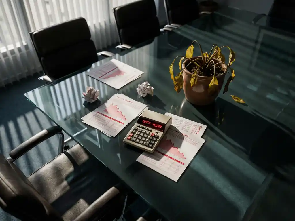 Calculator displaying red numbers on glass conference table with scattered financial reports and empty chairs in corporate boardroom