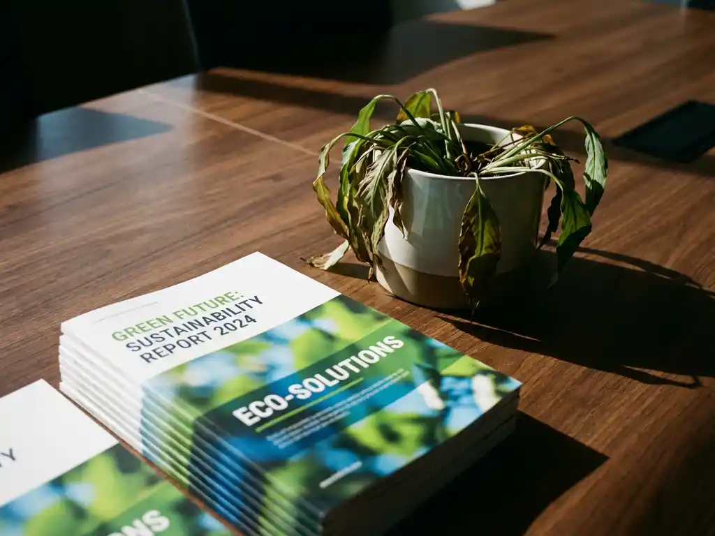 Wilting office plant next to stack of sustainability reports on corporate desk, highlighting environmental irony