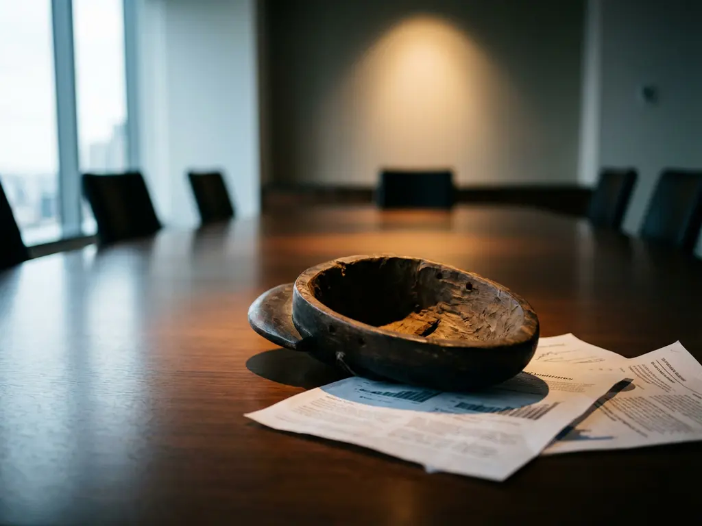 Wooden mask face-down on corporate boardroom table revealing hollow interior, with business documents scattered beneath in dramatic lighting.