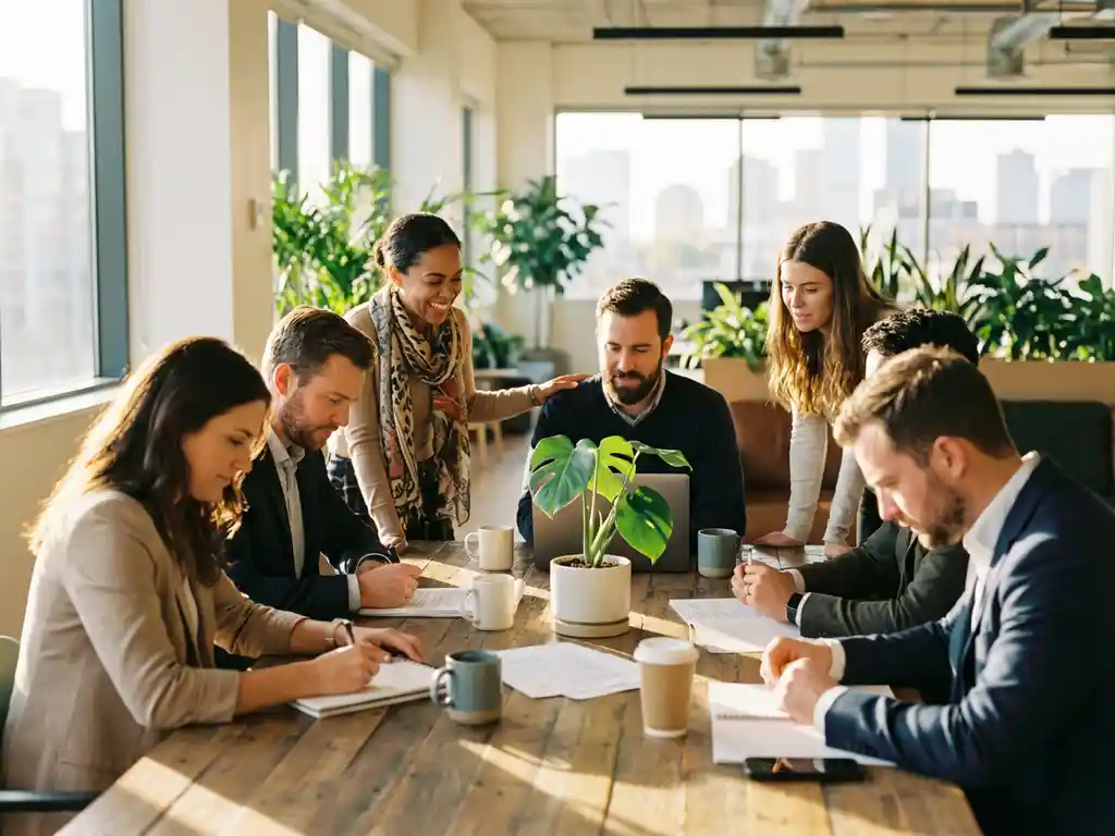 Diverse team of employees collaborating around conference table in bright modern office with natural sunlight and laptops