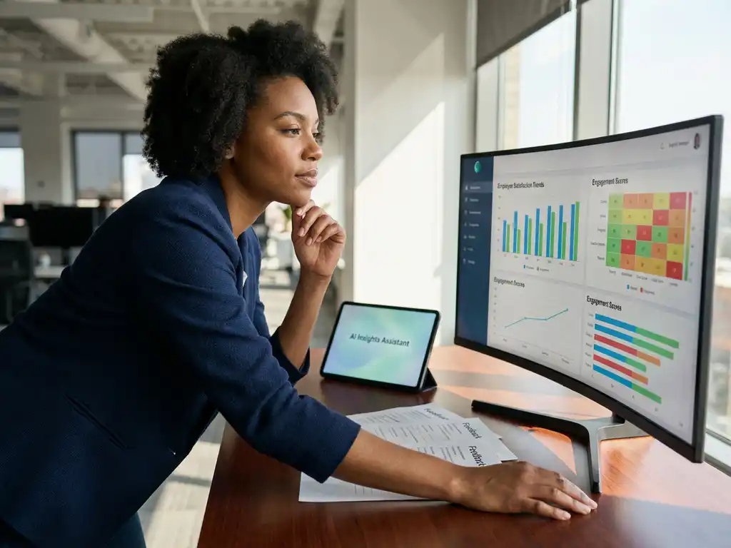 Office worker analyzing employee satisfaction data visualizations on monitor with AI interface tablet nearby