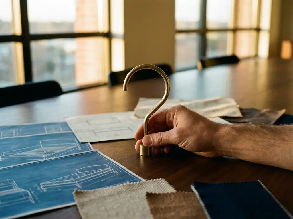 Executive's hand holding polished metal question mark on conference table with bed manufacturing blueprints and fabric samples