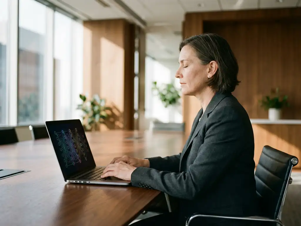 Professional executive in suit sitting at conference table with laptop displaying neural networks, eyes closed in mindful reflection.