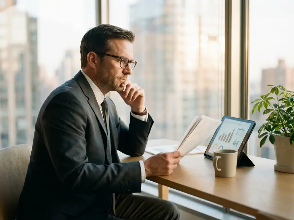 Professional executive in suit reviewing assessment reports and data analytics on tablet at modern office desk
