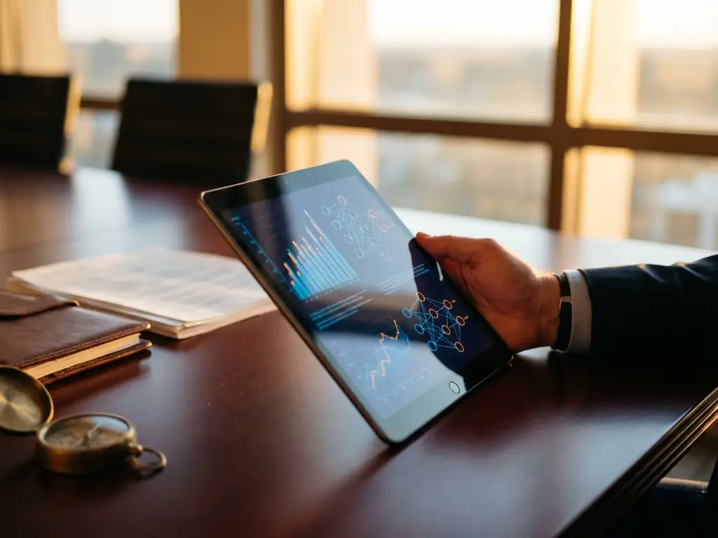 Executive holding tablet displaying data visualizations and neural networks on mahogany conference table with documents