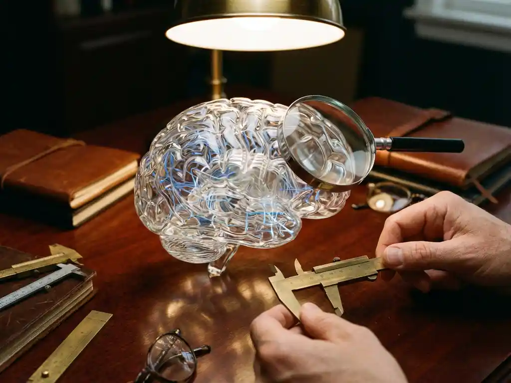 Transparent glass brain model on mahogany desk with illuminated neural pathways and magnifying glass for scientific study