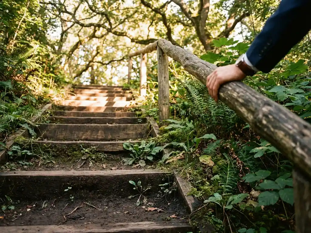 Wooden staircase ascending through natural growth stages from seedlings to mature trees, business hand on handrail