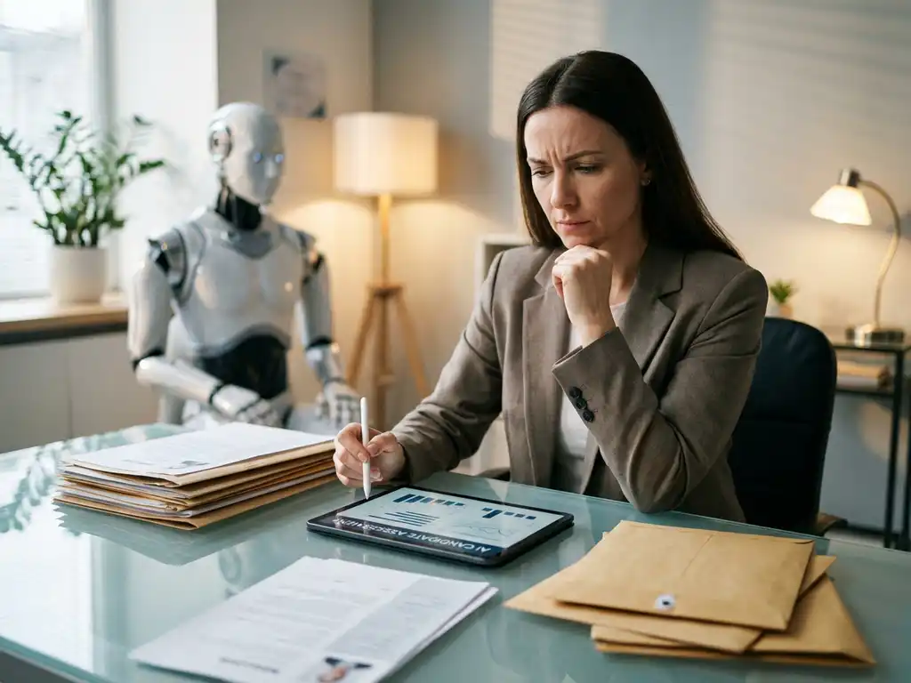HR manager examining AI interface on tablet at desk with paper resumes scattered around, robot figure in background
