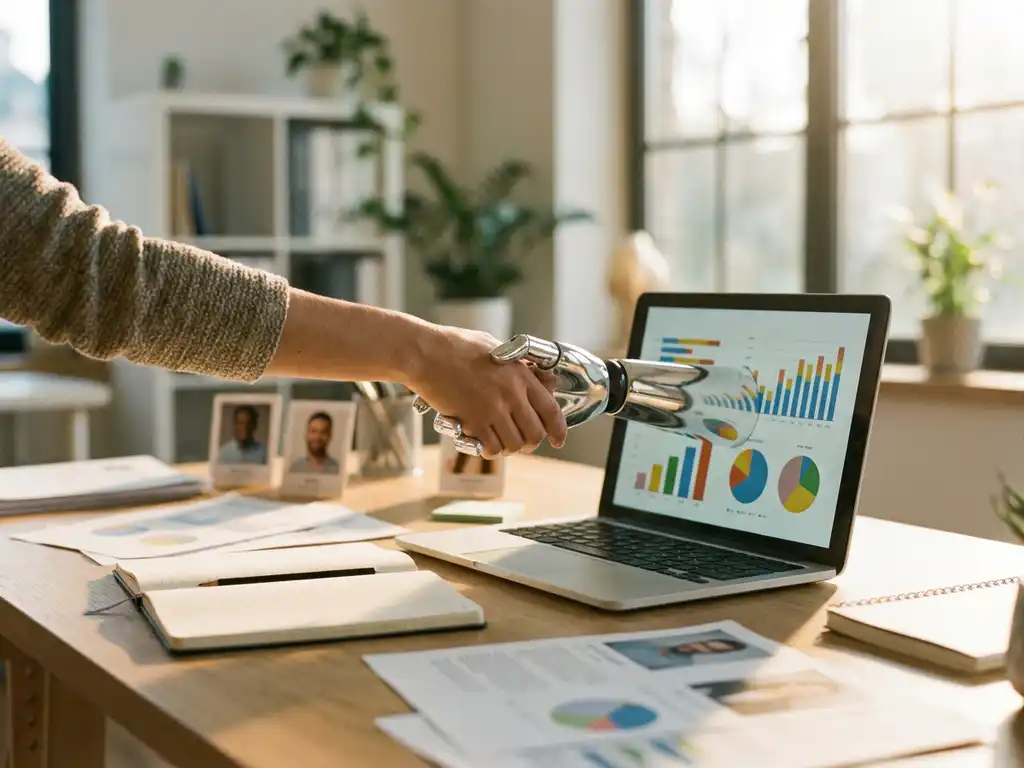 Human hand shaking robotic hand over laptop displaying data analytics charts on modern office desk with HR documents