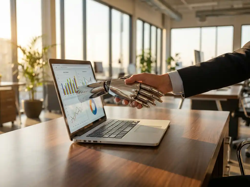 Human hand shaking robot hand across laptop displaying analytics charts on modern office desk with natural lighting
