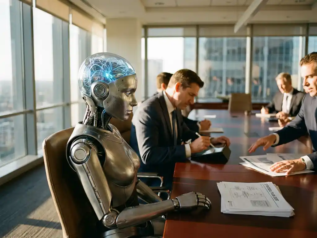 Humanoid robot with glowing blue neural pathways sits with executives in modern conference room during strategic meeting